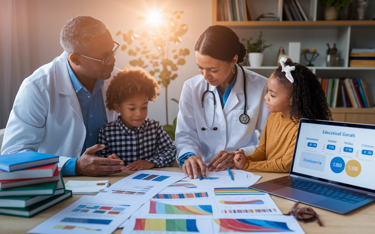 A heartwarming scene of a physician family gathered around a table with a 529 College Savings Plan brochure and children's artwork spread out. The family discusses educational goals while surrounded by books and a laptop displaying educational growth statistics. Warm lighting enhances the emotional engagement, indicating aspiration and investment in their children's future. This setting embodies love, planning, and financial foresight.