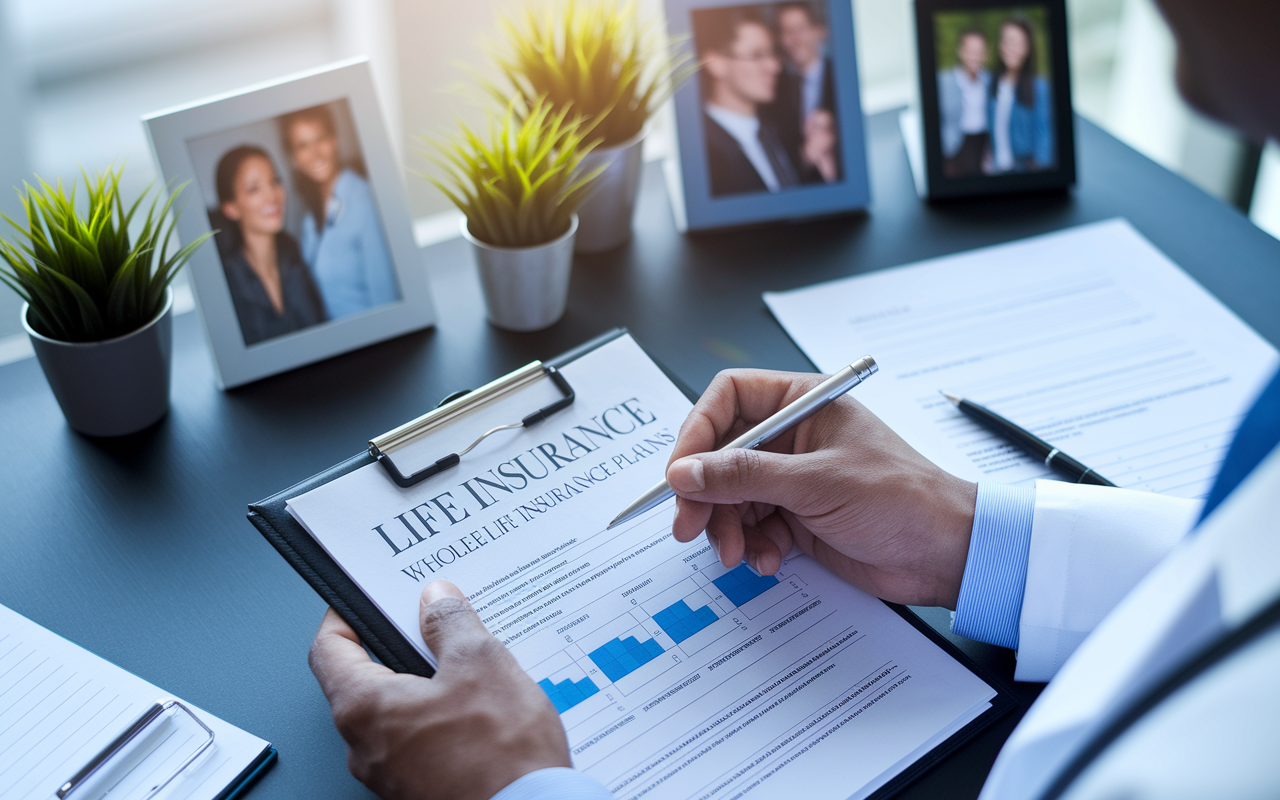 An elegant office environment with a physician reviewing life insurance policies, focusing on the benefits of whole and universal life insurance plans. The paperwork, featuring detailed financial data, is neatly arranged on an executive desk decorated with personal touches like family pictures and plants. The soft overhead lighting creates a calm environment, emphasizing strategic planning and long-term security.