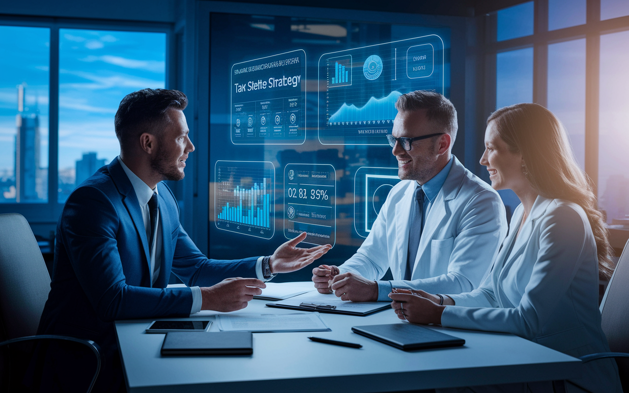 An artistic representation of a financial adviser conducting a meeting with a physician couple, discussing their tax shelter strategy in a modern office with futuristic financial tools and screens showing various financial metrics. The scene blends professionalism with personal commitment, fostering a sense of trust and collaboration. A mix of natural and ambient lighting enhances the inspiring atmosphere of financial planning and teamwork.