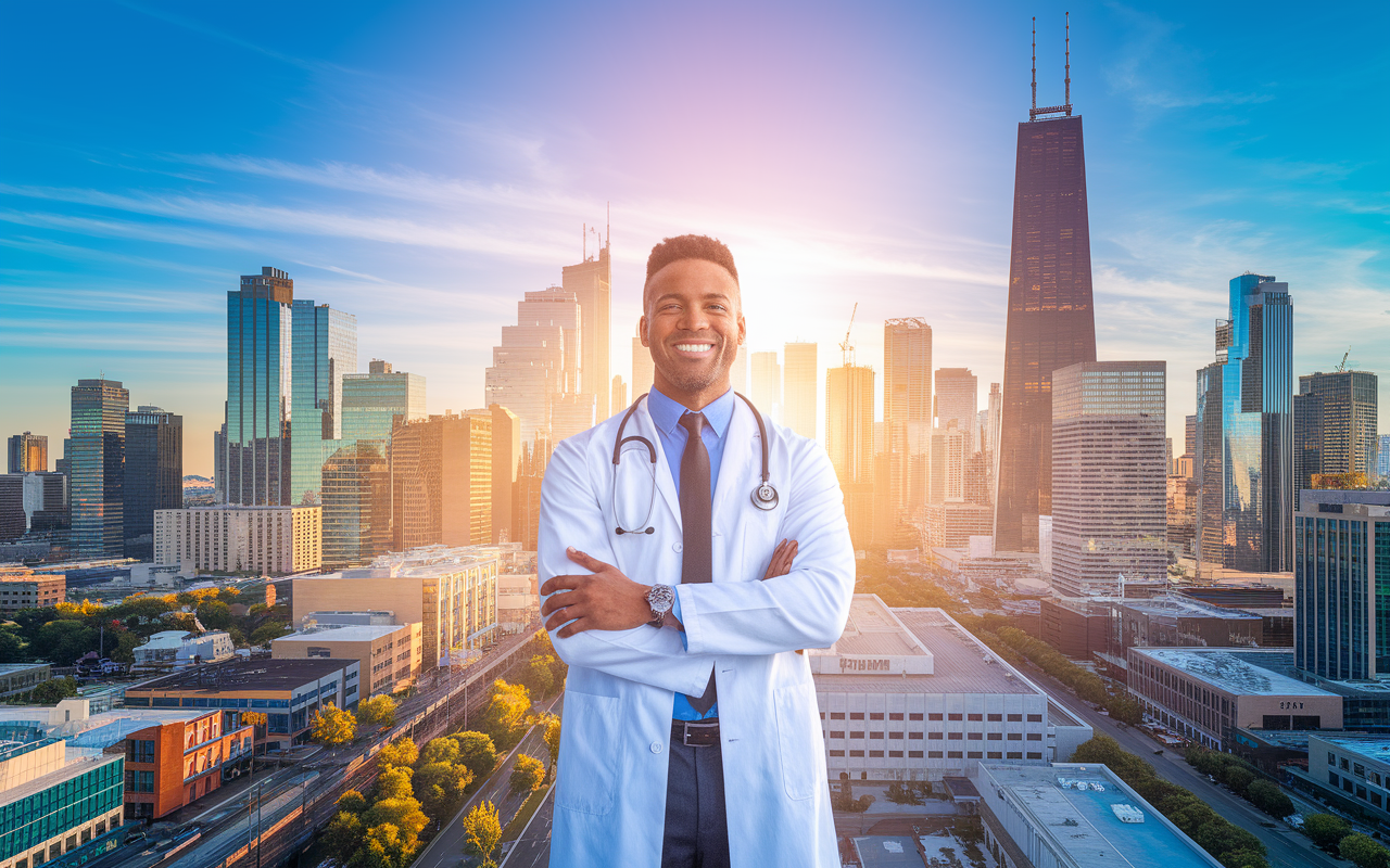 An inspirational visual of a successful physician standing prominently at the center of a thriving cityscape, symbolizing financial achievement and growth. The skyline behind is vibrant, suggesting prosperity, with elements like bank buildings and healthcare facilities. The light of dawn casts a hopeful glow, representing new opportunities, aligning perfectly with the theme of financial empowerment and proactive tax strategies.