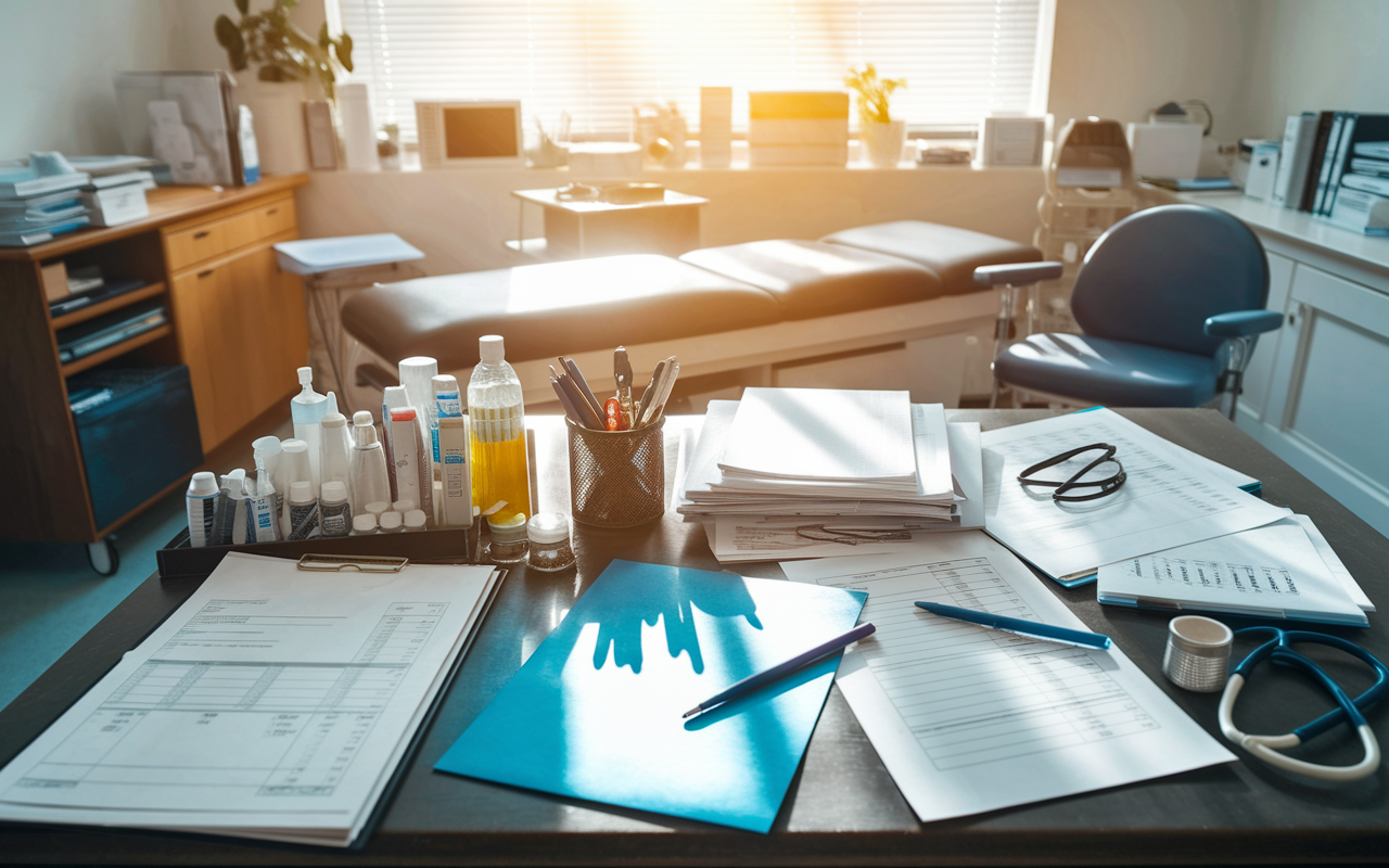 An inviting physician's office filled with various medical supplies, charts, and equipment needed for patient care. The scene includes furniture like an exam table and a desk cluttered with medical instruments and invoices. Sunlight filters through a window, creating a warm ambiance and highlighting the materials necessary for running a successful medical practice. Show a sense of professionalism and care for detail.