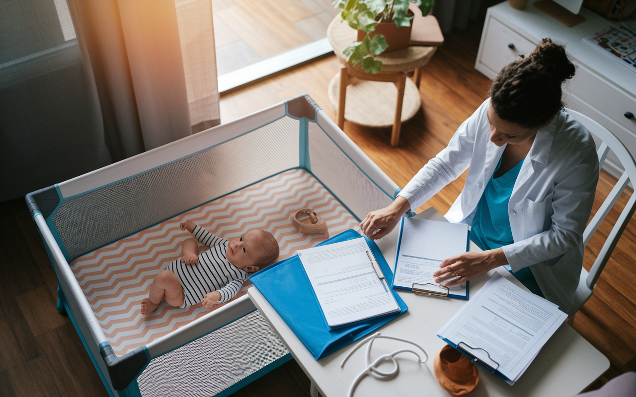 A busy physician at home, juggling parenting duties while engaging in professional tasks, with a baby in a playpen and medical documents neatly arranged nearby. The scene illustrates the challenges of balancing family and medical practice, enhanced by warm, family-friendly lighting that evokes the support (like childcare costs deductions) needed to manage both life aspects.