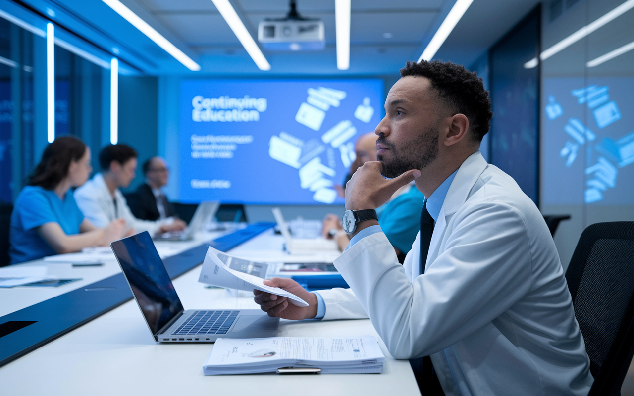 A physician attentively sitting at a modern conference room table with medical literature and a laptop, engaging in a continuing education seminar. Participants can be seen in the background, and a projector displays relevant educational materials on the wall. The atmosphere is focused and professional, illuminated by bright overhead lights, conveying the importance of ongoing education in healthcare.