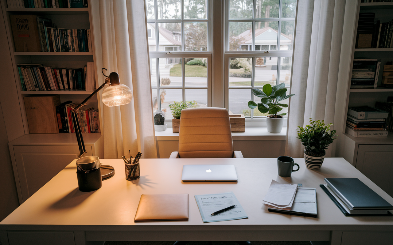 A comfortable home office setup for a physician, showcasing a workspace with a desk, medical bookshelves, and a window view of a serene neighborhood. The desk is organized with a laptop, coffee mug, and notes about tax deductions. Warm lighting enhances the inviting atmosphere, symbolizing the blend of personal and professional life in medicine.