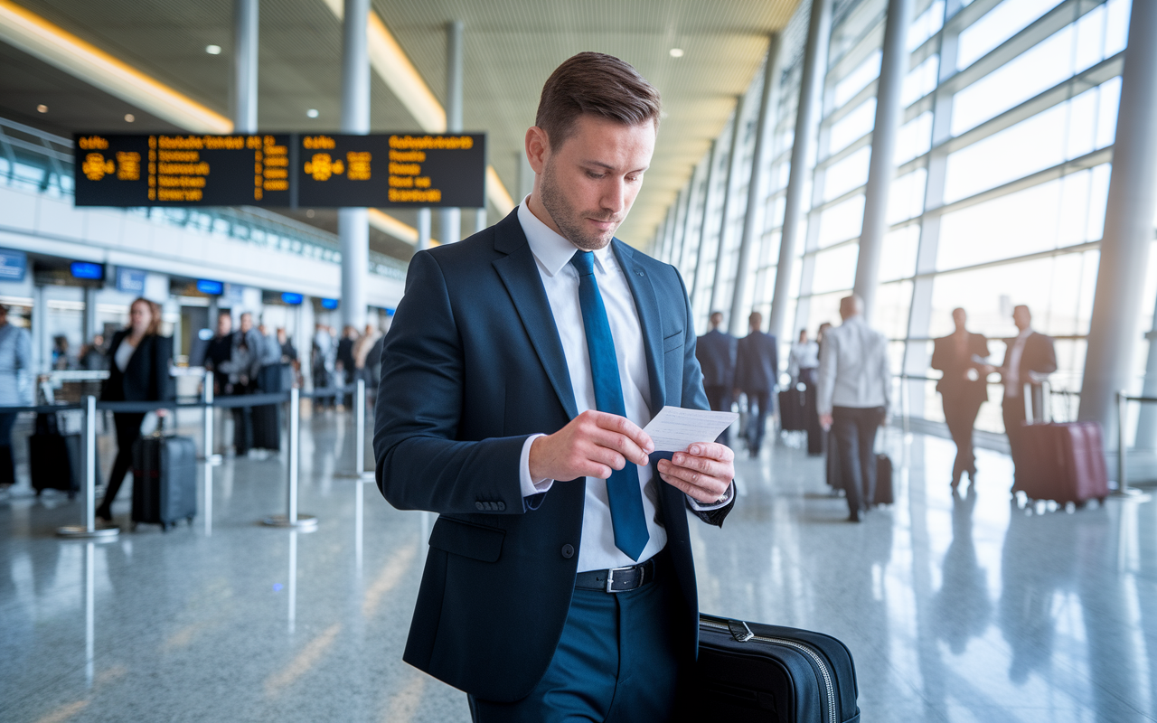 A professional physician in business attire at an airport, holding a briefcase while checking tickets for a medical conference. The airport surroundings depict busy travelers and displays indicating flight schedules. The scene embodies anticipation and the importance of continued education in the medical field, with bright natural light streaming in from the terminal windows.