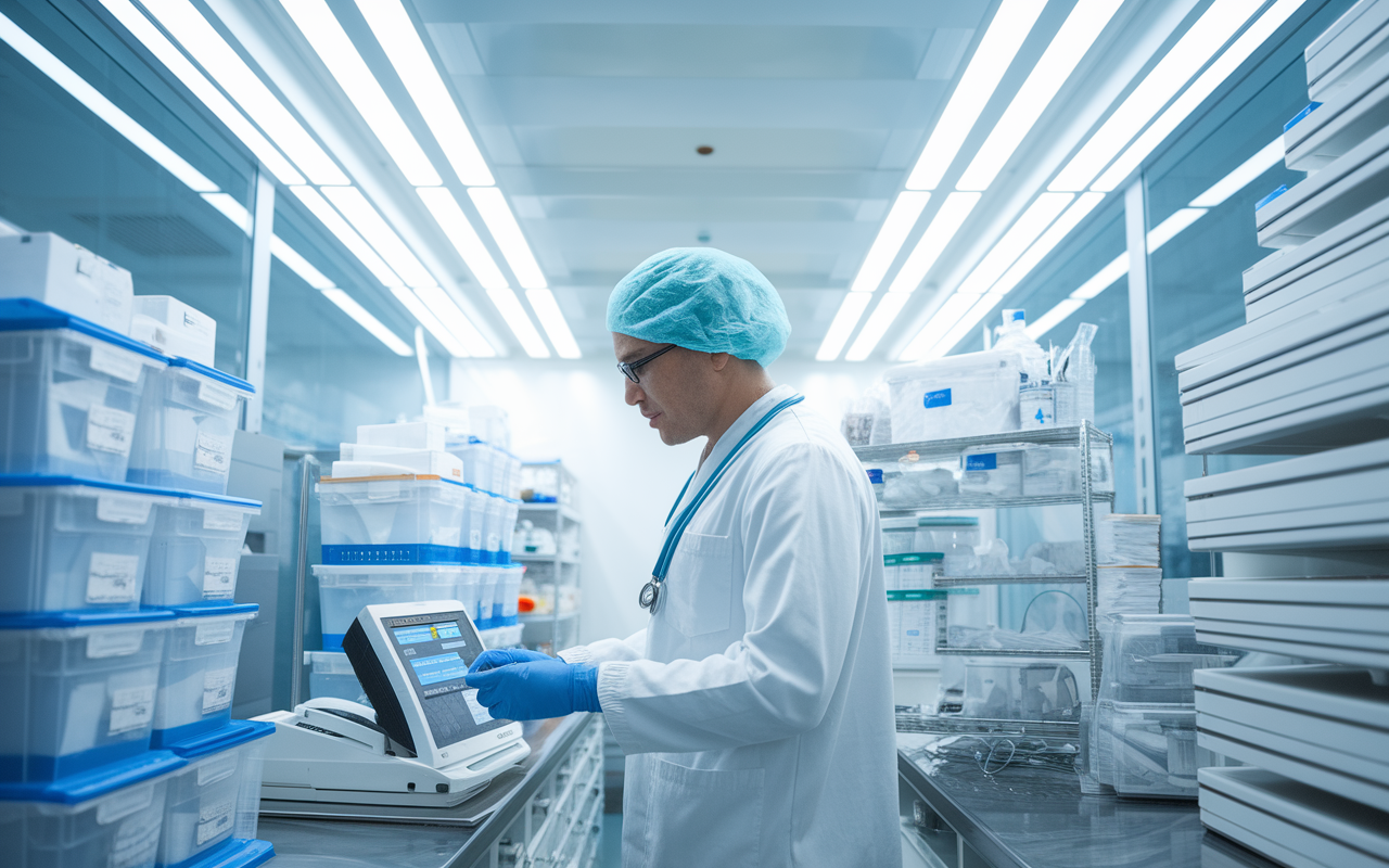 A physician in a clinical setting, examining advanced medical equipment and supplies essential for patient treatment. The scene emphasizes high-tech devices, sterility standards, and organized storage of supplies, under bright clinical lighting, conveying professionalism and dedication to patient care. Showcases both the importance of these tools in practice and potential tax deductions.