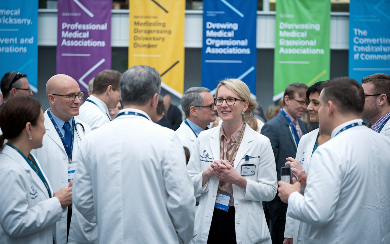 A group of physicians at a networking event, exchanging ideas and information about their professional associations. Banners showcasing various medical organizations are in the background, and members are engaged in conversation. The vibrancy of the event is highlighted by dynamic interactions and the importance of community in the medical profession.