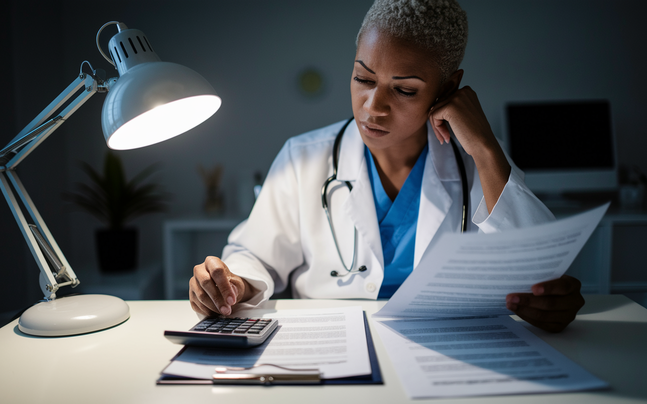 A thoughtful physician sitting at a desk while reviewing financial documents related to student loans. The soft light from a desk lamp highlights the intensity of the moment, showing a mix of determination and concern as they prioritize financial responsibilities. Documents and a calculator are spread out, symbolizing the burden of student debt and possible deductions for tax benefit.