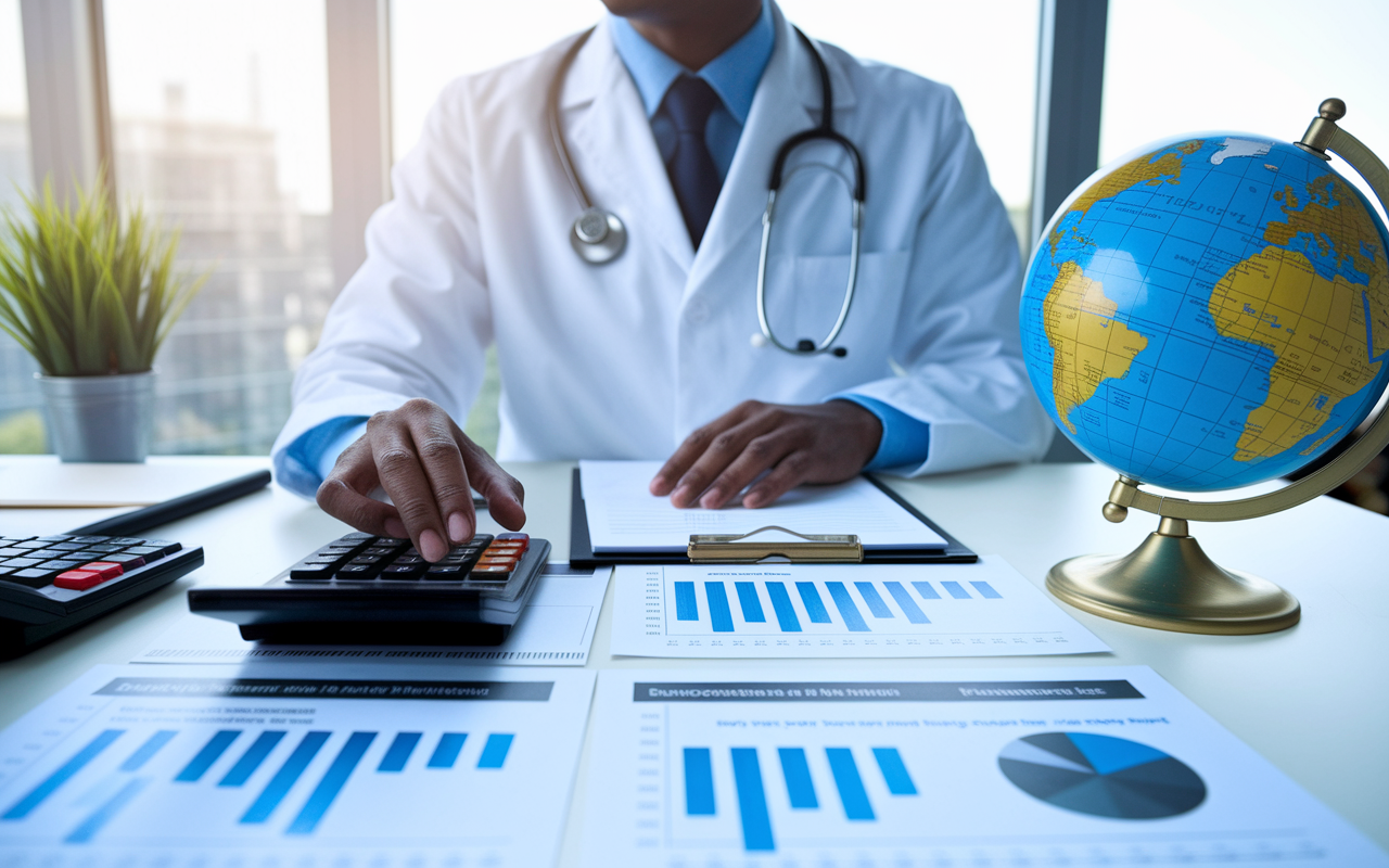 A physician assessing retirement options at a desk with retirement plan statements, financial calculators, and a desktop globe, indicating global opportunities. The environment is bright and optimistic, with future aspirations represented in charts and diagrams, emphasizing financial awareness. This scene communicates the significance of planning for both personal and professional futures.