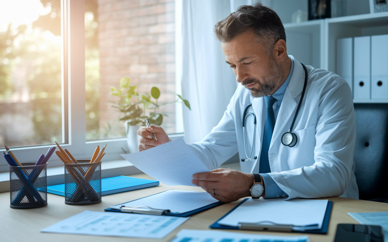 A self-employed physician reviewing health insurance documents at a home office desk, surrounded by medical supplies and patient charts. The atmosphere is calm yet focused, with a sense of responsibility in ensuring health coverage for family and dependents. Light streaming through a window adds clarity to the scene, symbolizing health and well-being.