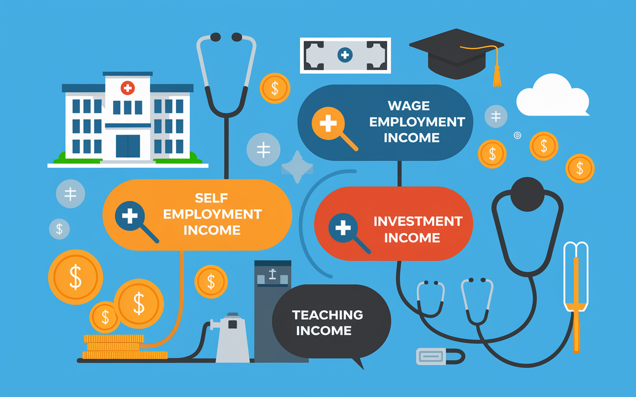 An informative infographic-style illustration showing different types of income streams for physicians. The design features sections representing Wage Income, Self-Employment Income, Investment Income, and Other Income, each iconically depicted such as a hospital building for wage income, a stethoscope for self-employment, dollar signs for investments, and a graduation cap for teaching income. Use bright colors for a clear and engaging presentation.