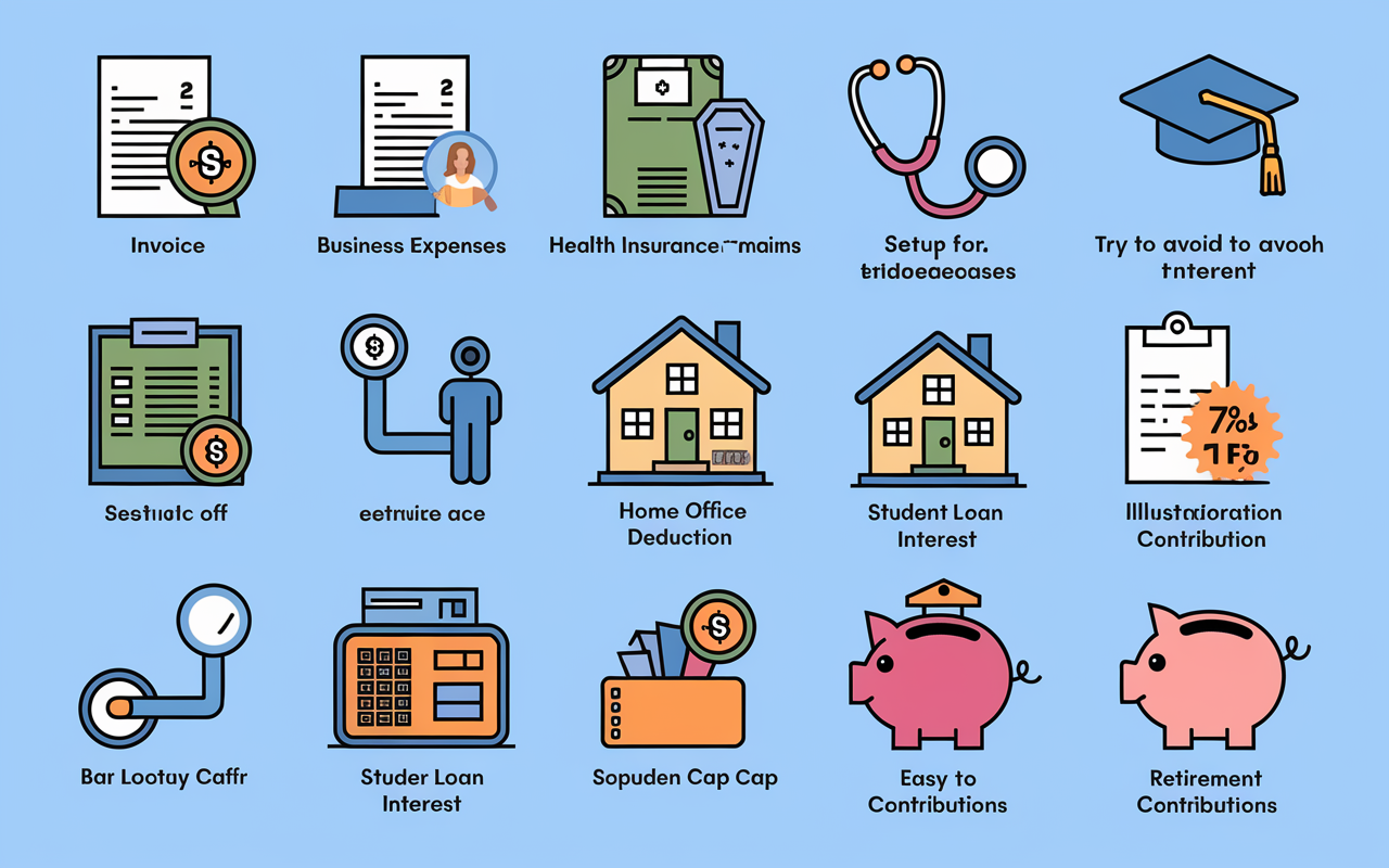 A detailed infographic showing a list of potential tax deductions for physicians. Each deduction is represented by icons, for example, an invoice for Business Expenses, a stethoscope for Health Insurance Premiums, a house with a desk setup for Home Office Deduction, a graduation cap for Student Loan Interest, and a piggy bank for Retirement Contributions. The graphic is colorful, engaging, and easy to follow, highlighting each deduction's value.