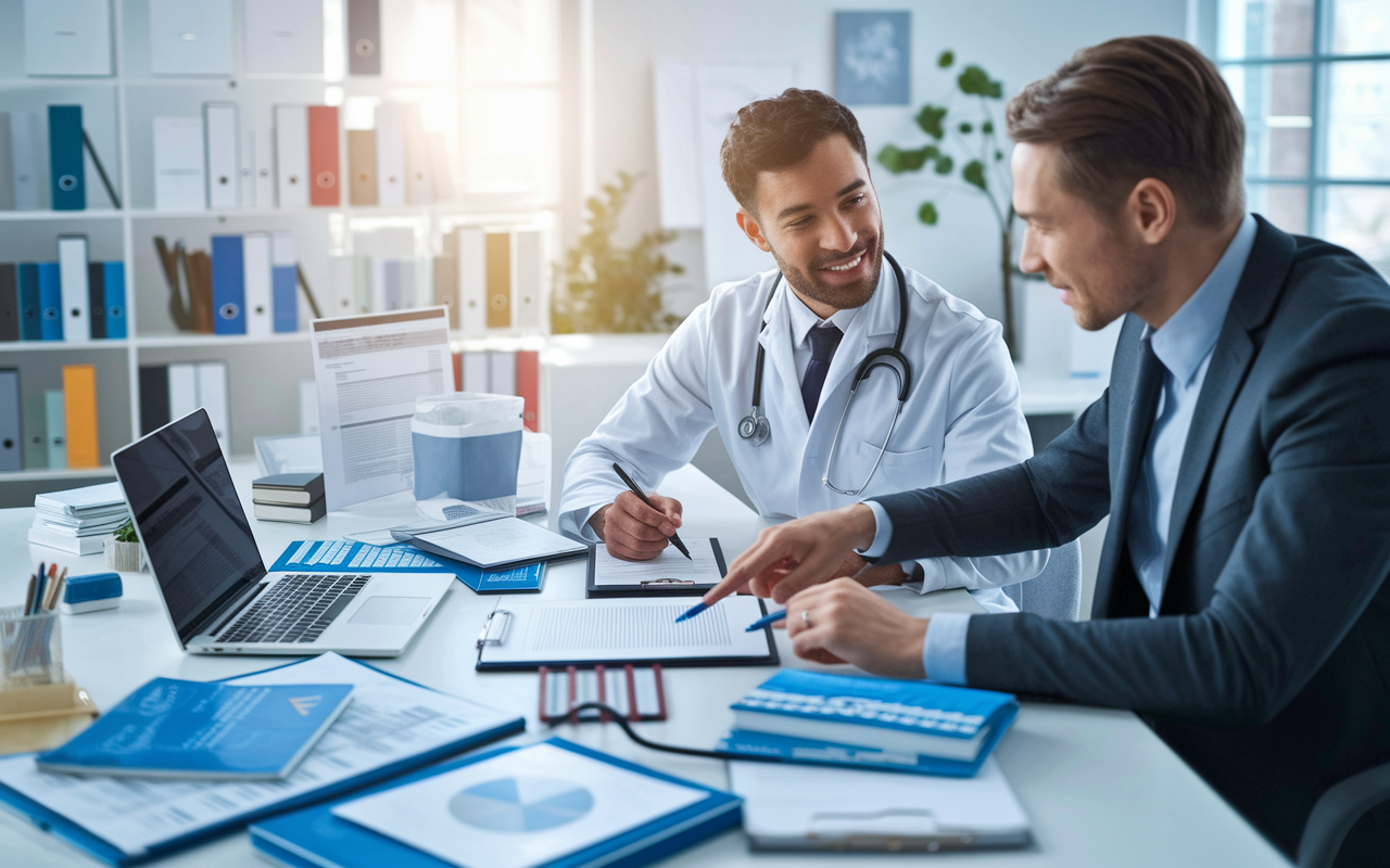 A bustling office scene depicting a physician meeting with a tax professional. The setting is bright and organized, with charts, tax guides, and tax software visible on a large desk. The physician wears a white coat, looking engaged and taking notes, while the tax professional, dressed in business attire, points to a tax document on a laptop screen. The atmosphere conveys professionalism and collaboration.