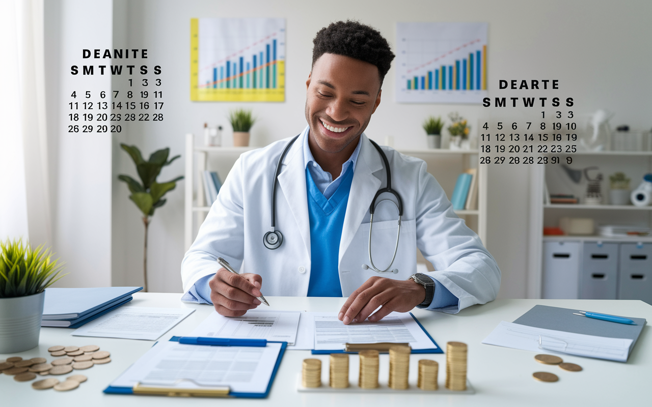 A motivational scene showing a physician confidently managing their taxes. The setting features a bright, clean home office, with documents neatly organized on the desk, a calendar marking important tax deadlines, and charts depicting financial growth in the background. The physician is smiling, surrounded by symbolic elements like coins and tax paperwork, emphasizing empowerment and control over financial well-being.