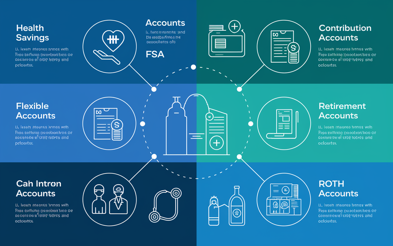 A colorful infographic highlighting various tax-advantaged accounts for physicians, including Health Savings Accounts (HSA), Flexible Spending Accounts (FSA), Retirement Accounts, Cash Balance Plans, and Roth Accounts. Each section features clear icons and brief descriptions of contributions, benefits, and real-world applications. A clean, informative design with a professional palette of blues and greens, set against a backdrop that suggests a medical theme, such as stethoscopes or medical records.