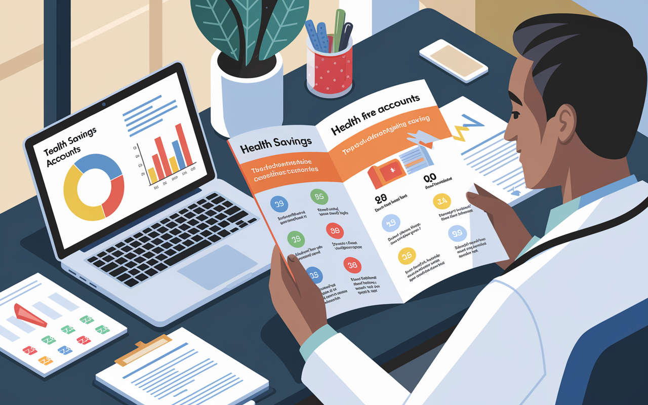 An illustrative scene of a physician sitting at a desk filled with papers about Health Savings Accounts (HSAs). The physician is reviewing a vibrant brochure detailing HSA benefits, including tax-deductible contributions, tax-free growth, and retirement savings potential. A laptop is open with graphs about healthcare costs on the screen, intelligent focus on their face, and natural light illuminating the space.