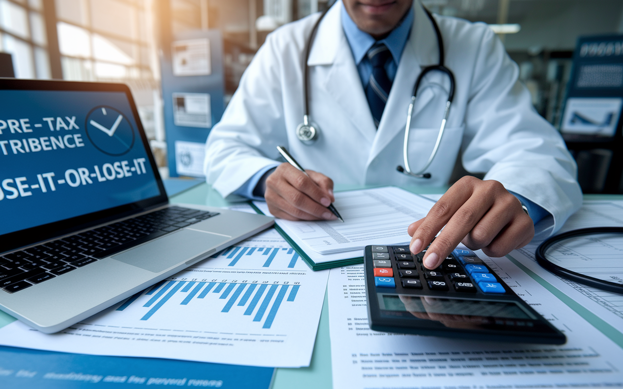 A focused physician surrounded by paper forms and charts representing potential healthcare costs, calculating expenses with a pen in hand. There is an open laptop showing a digital calculator screen for pre-tax contributions alongside a clock indicating the importance of timing with a 'Use-It-or-Lose-It' reference. The background reflects a busy healthcare setting, with hints of a stethoscope and chart displays.