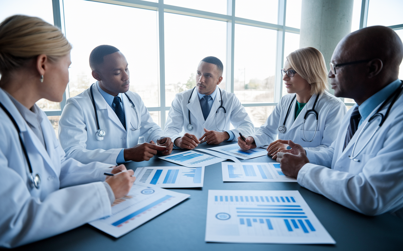 A group of physicians engaged in a discussion around a conference table, with charts and documents about 401(k) and IRA plans spread out before them. The environment is professional, modern, and collaborative, with a large window illuminating the room. They are actively discussing contributions and tax implications, emphasizing teamwork in financial planning.