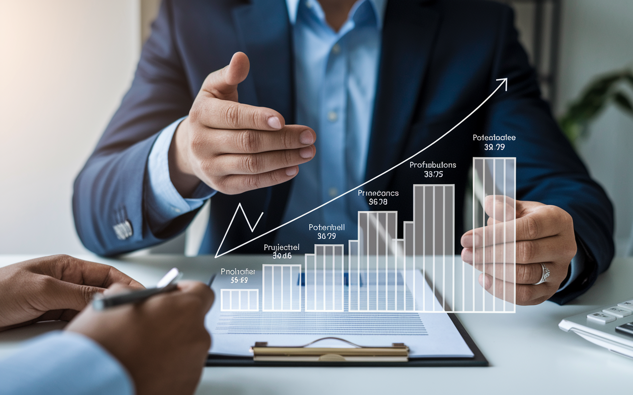 A conceptual image depicting a financial advisor explaining a Cash Balance Plan to a physician, showcasing a clear chart that illustrates potential contributions over a career span. The advisor is gesturing toward projected benefit graphs, while the physician is attentively engaged. The setting is upscale, emphasizing the importance of high-yield savings options for high-earning professionals.