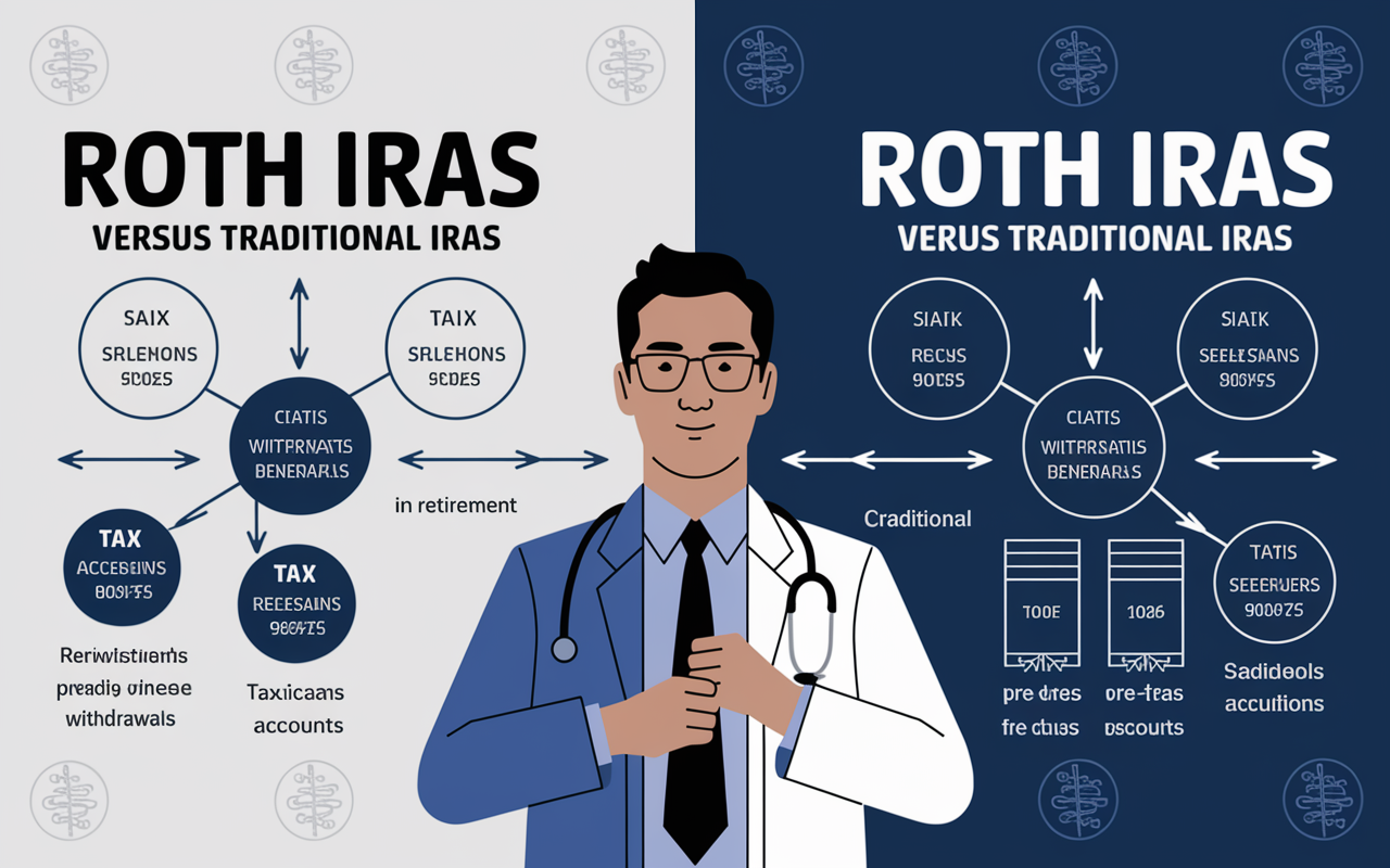 An illustrative comparison diagram showing the benefits of Roth IRAs versus traditional IRAs. On one side, clear visuals of after-tax contributions with arrows leading toward tax-free withdrawals in retirement, while on the opposite side illustrate pre-tax benefits of traditional IRAs with tax calculations. The background has subtle medical symbols to represent physicians' focus on these accounts.