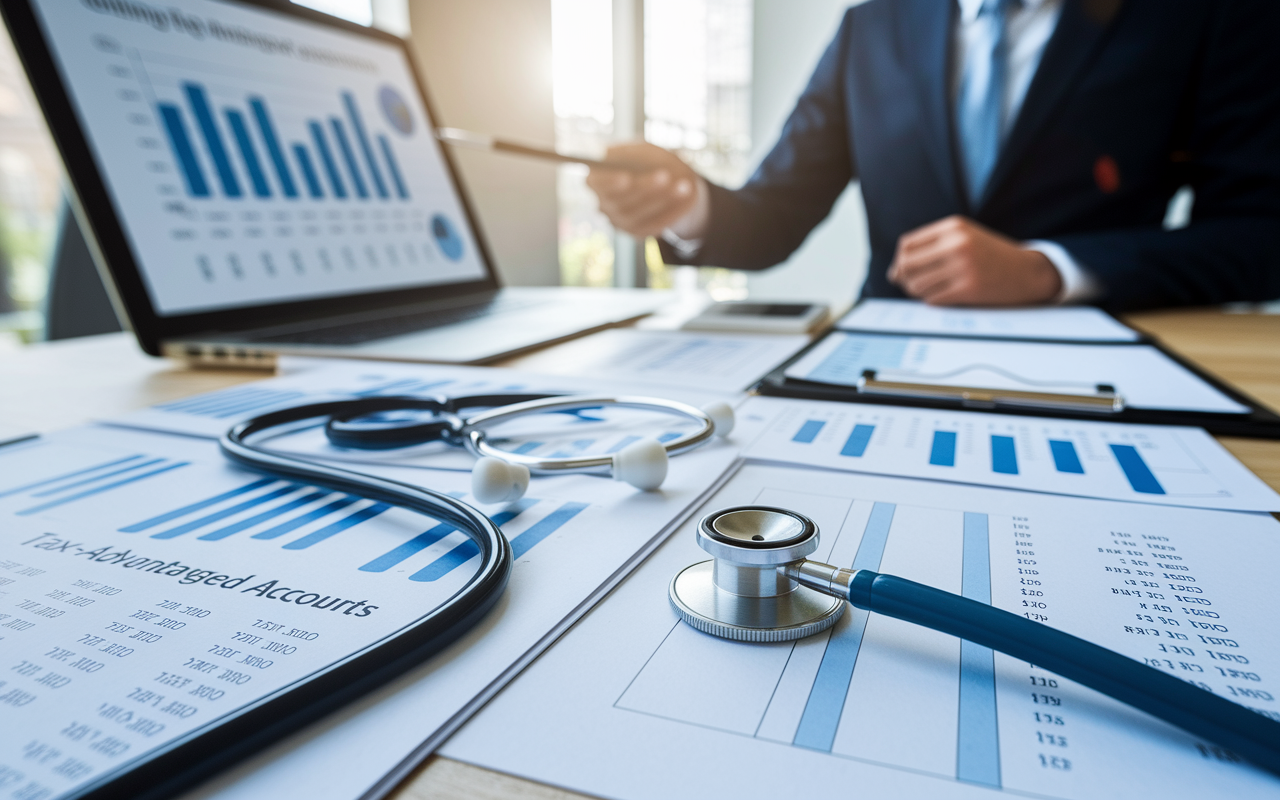 An organized workspace of a financial planner with papers outlining tax-advantaged accounts spread across a table. A planner is depicted with a chart and list on a presentation board detailing strategies for maximizing contributions and benefits. A subtle image of a stethoscope in the foreground signifies the tailored financial planning for physicians, with soft lighting to create an inviting atmosphere for analysis.