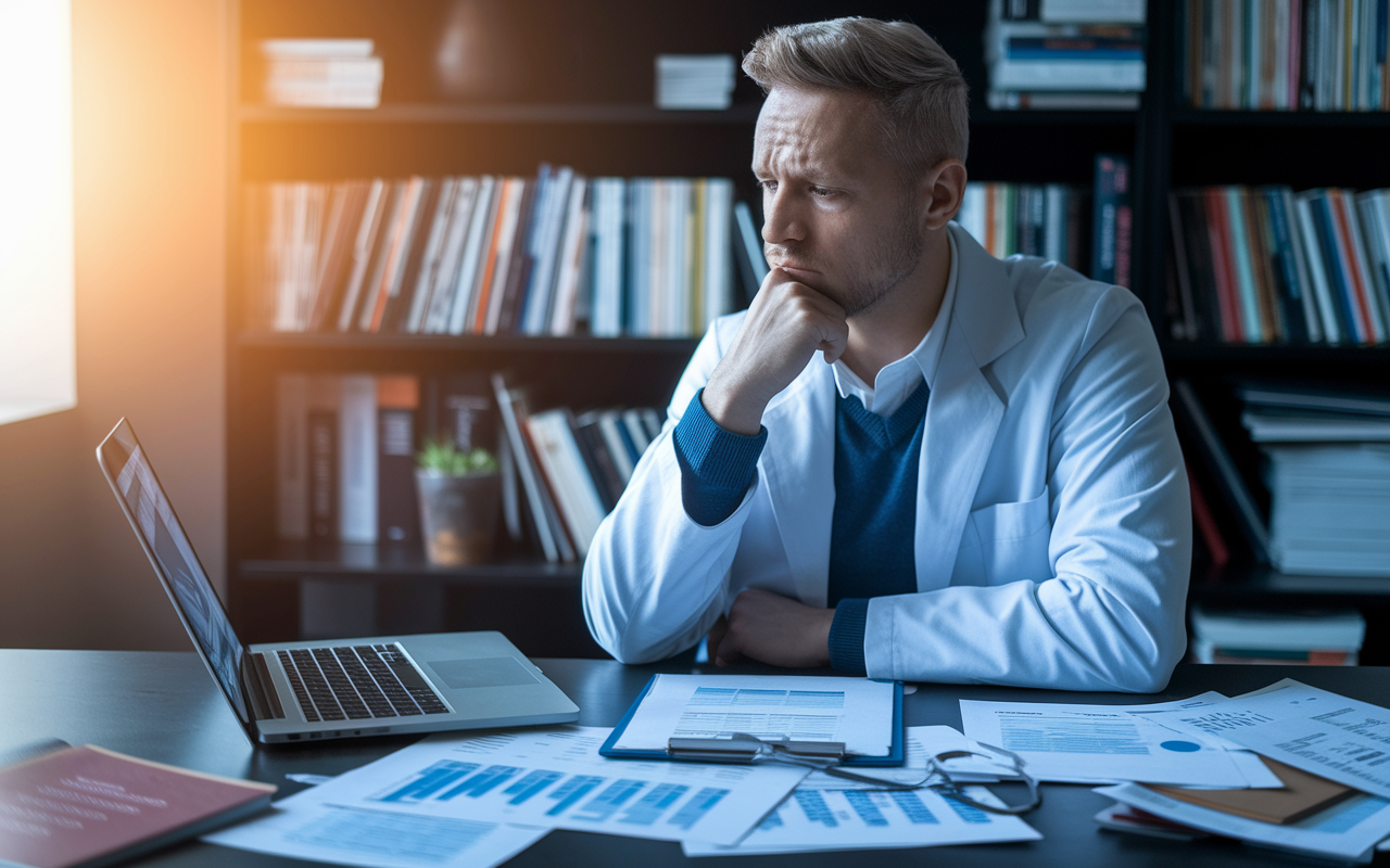 A thoughtful physician seated at a desk scattered with financial documents and a laptop, gazing at a screen displaying student loan data. The background shows a bookshelf filled with medical textbooks and financial guides, and a window filtering in warm afternoon light, reflecting the stress and complexity of managing finances as a doctor.