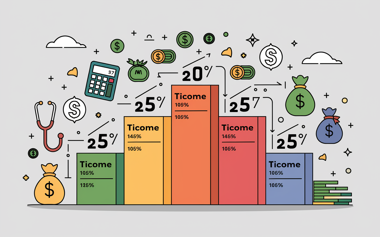 A visually engaging infographic illustration that simplifies complex tax brackets, showcasing different tiers of income and corresponding tax rates. The design is vibrant and colorful, surrounded by icons symbolizing financial health and planning, such as calculators, money bags, and stethoscopes, set against a clean, professional background.