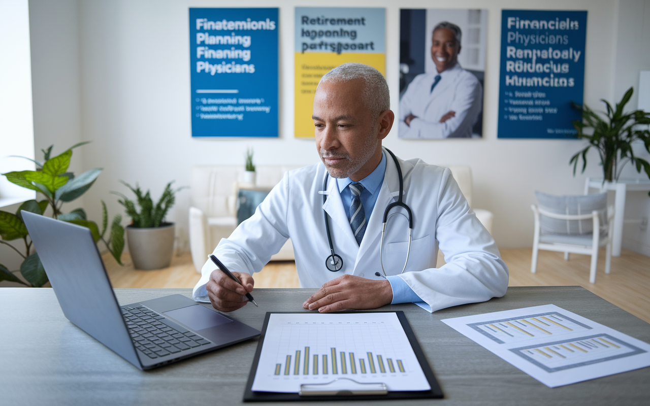 An image depicting a physician reviewing retirement account options on a laptop, surrounded by paperwork and a retirement planning chart. The room should be bright and organized, suggesting a strategic approach towards financial planning. In the background, posters on the wall show various retirement planning strategies and success stories of financially secure physicians.