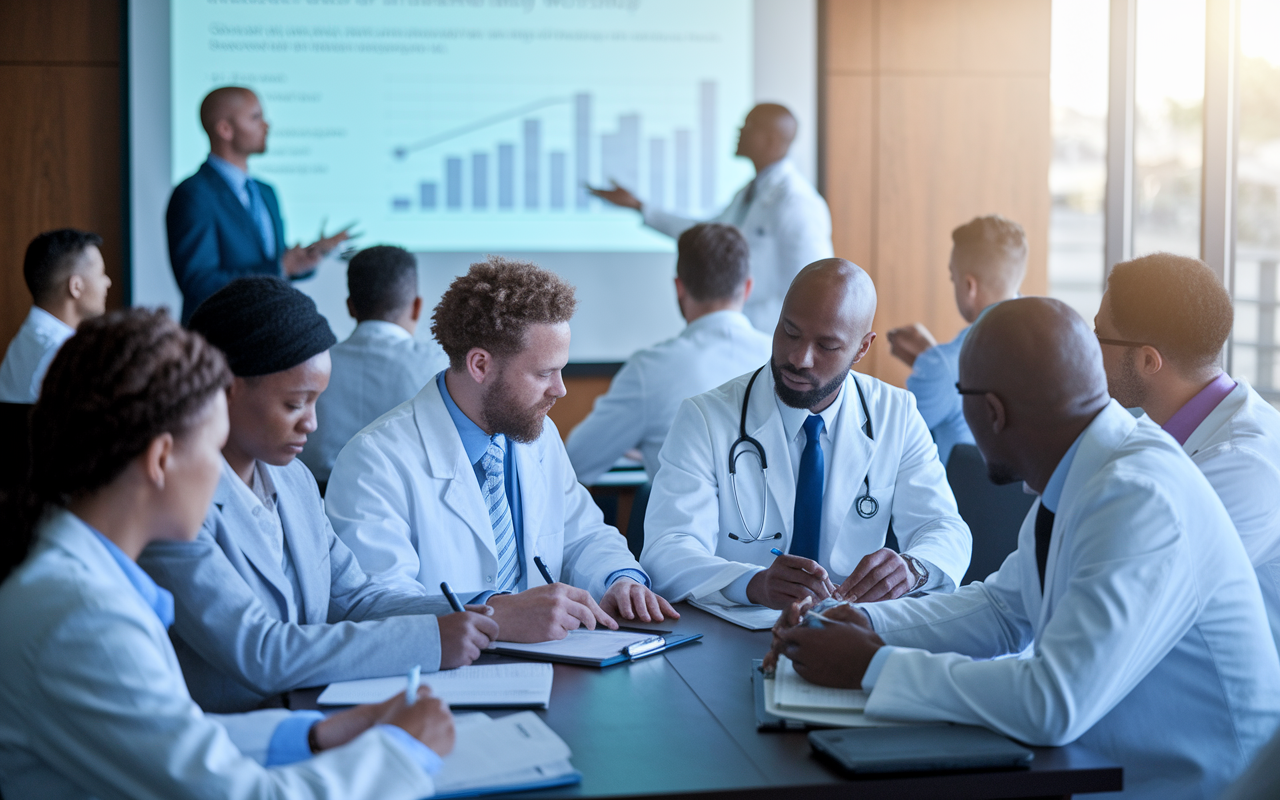 A group of physicians actively participating in a financial literacy workshop. The setting is a well-lit conference room, with a speaker presenting on investment strategies using a projector. Attendees are engaged, taking notes, and discussing among themselves. The atmosphere is dynamic and educational, embodying the essence of financial empowerment.