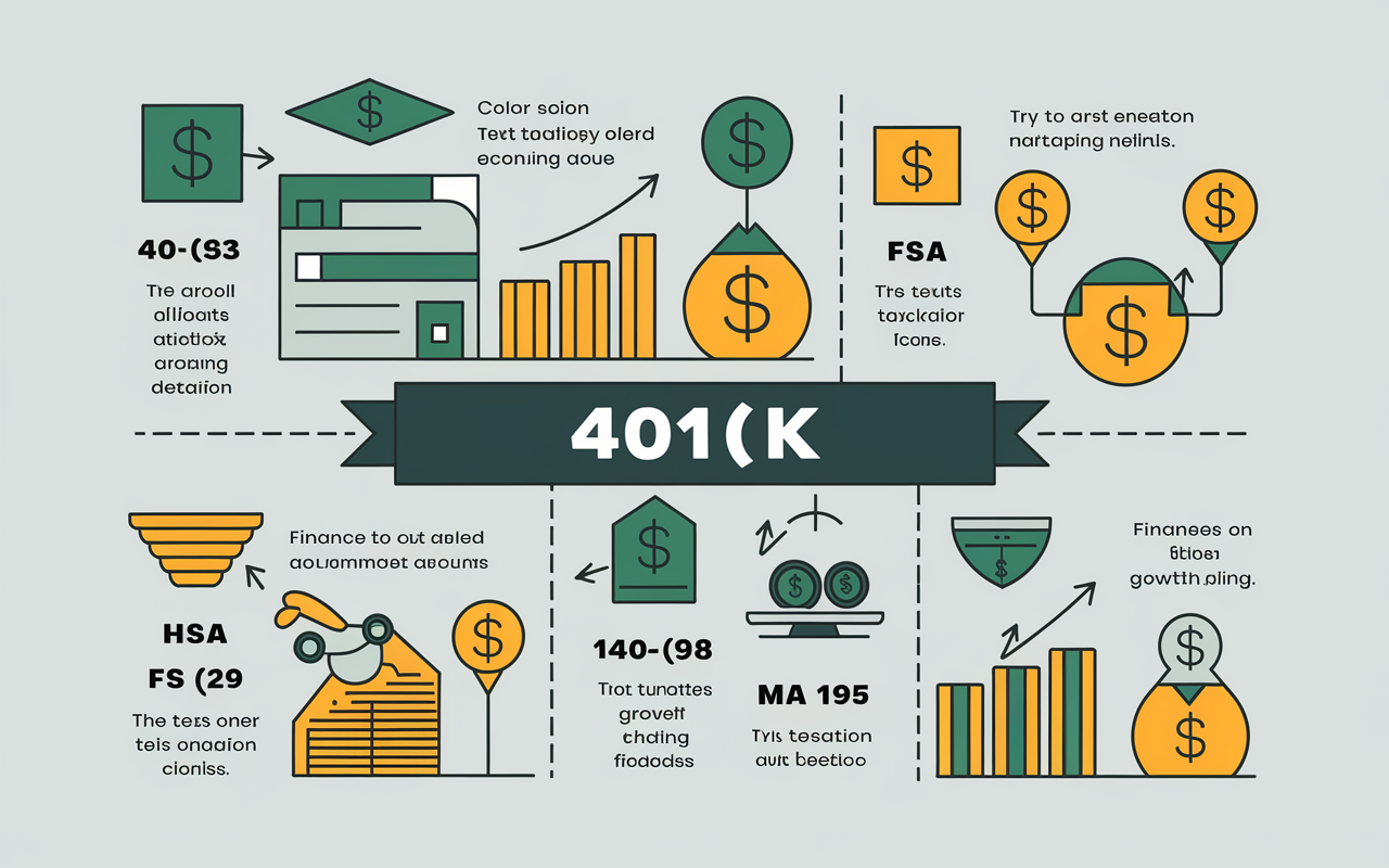 A visually engaging infographic-style representation displaying various tax-advantaged accounts like 401(k), HSA, and FSA. Each account has distinct icons and graphics illustrating their benefits and taxation details. A harmonious color scheme enhances clarity, with an emphasis on financial growth and well-being.