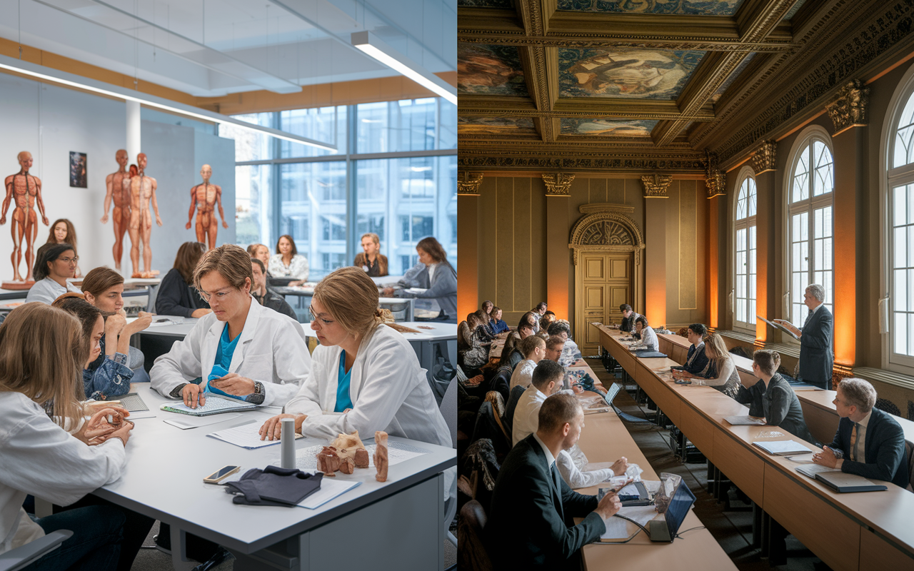 A split-screen image showcasing various European medical education environments. On one side, a modern classroom filled with diverse students engaged in interactive learning, with visible anatomy models and high-tech equipment, symbolizing innovation. On the other side, a traditional lecture hall with ornate architecture and a professor lecturing to eager students. Warm, inviting lighting that highlights the engaging atmosphere of both educational approaches, capturing the essence of studying medicine in Europe.