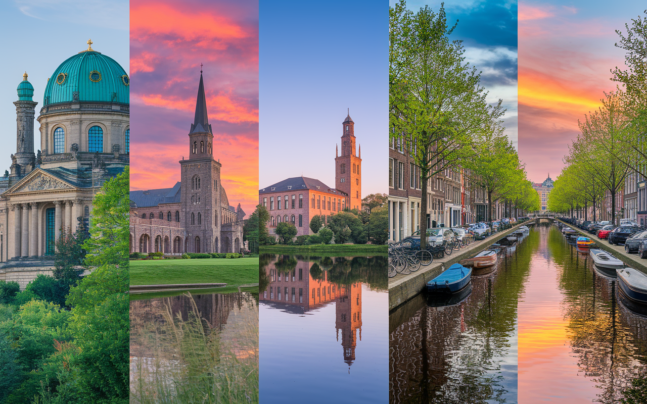 A collage of scenic landscapes representing different European countries' medical schools. On one side, iconic German architecture with Heidelberg University nestled among lush greenery. In the center, the historic Trinity College Dublin with the lush Irish landscape. To the right, the modern University of Amsterdam, surrounded by canals and bicycles. Each region displays a unique atmosphere, showcasing the diversity and beauty of studying medicine in Europe. Bright, inviting colors that reflect cultural harmony and academic excellence.