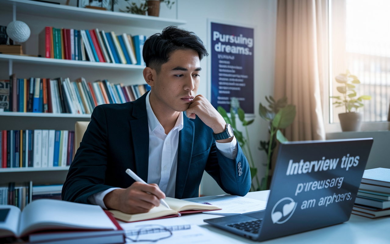 A candid photo of a student preparing for a medical school admission interview in a cozy study filled with books and notes. The student, a South Asian male in formal attire, is seated at a desk, practicing responses in front of a laptop with interview tips displayed. Soft, natural lighting coming through a window, creating a calm, focused atmosphere. A motivational poster about pursuing dreams is visible in the background.