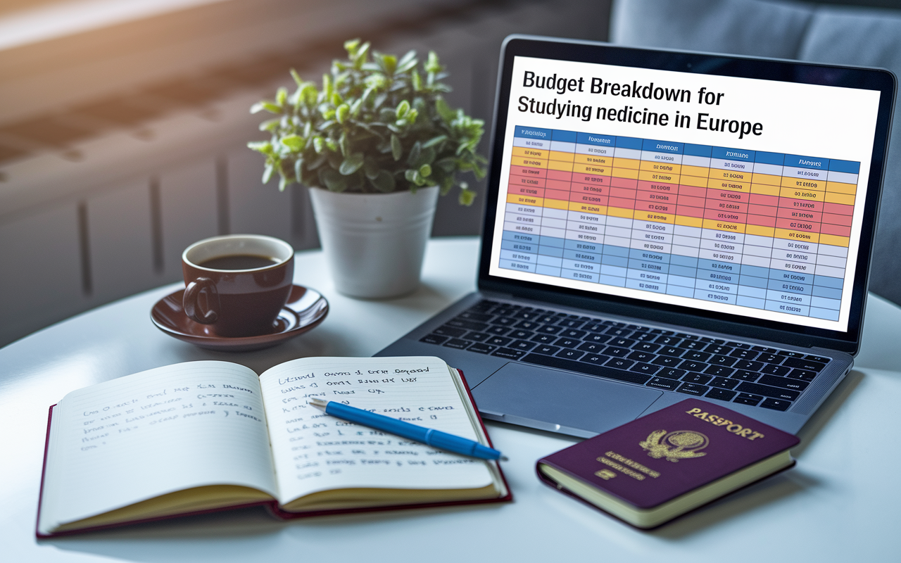 A spreadsheet displayed on a laptop screen showing a budget breakdown for studying medicine in Europe, with categories for tuition, living expenses, and miscellaneous costs. Beside the laptop, a notebook with handwritten notes on scholarships and funding options lies open. A cup of coffee and a passport are placed next to it, symbolizing international travel and academic ambition. Bright indoor lighting creates an optimistic atmosphere.