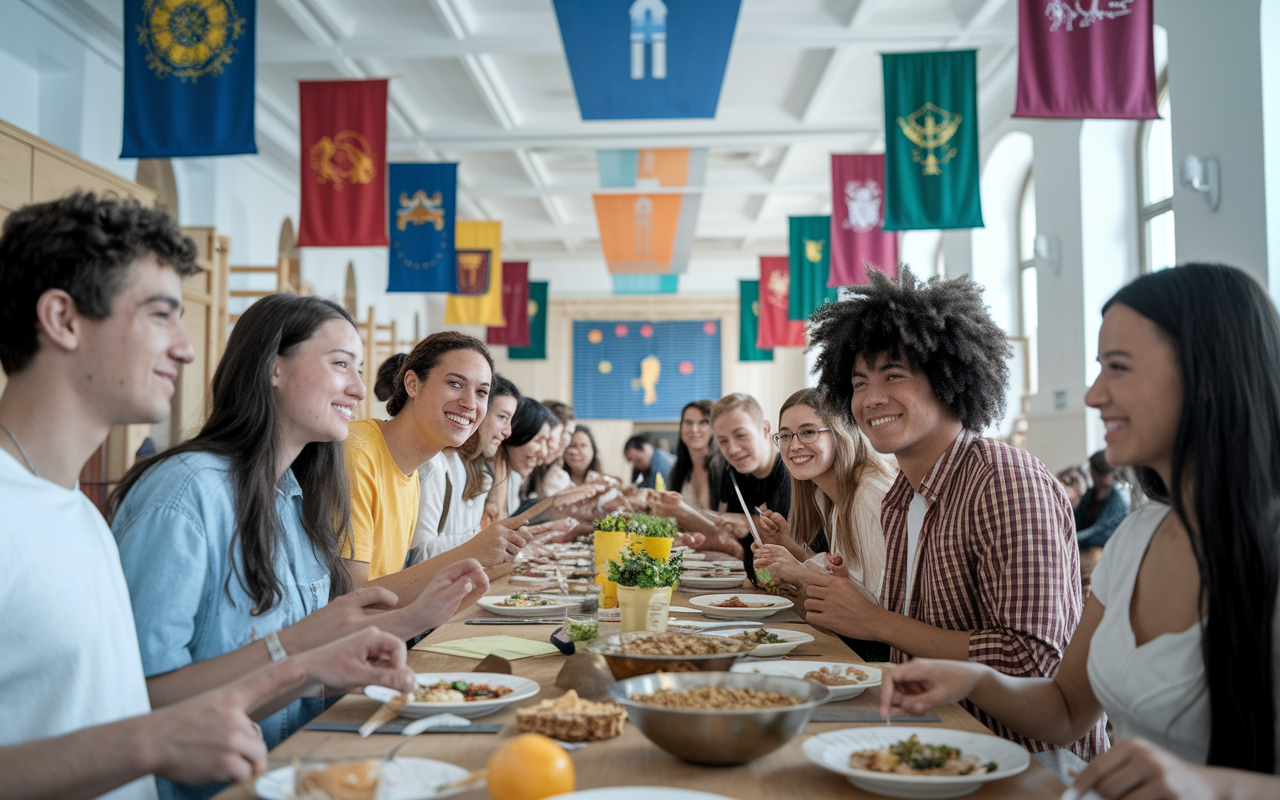 A vibrant scene depicting international students participating in a cultural orientation event at a European university. The students, representing various ethnic backgrounds, are engaged in activities, such as cooking traditional dishes and sharing cultural stories. Banners from different countries are hung around the hall. Bright, cheerful colors and dynamic expressions encapsulate the joy of cultural exchange and friendship. Soft acoustic music can be felt in the ambiance, enhancing the community spirit.