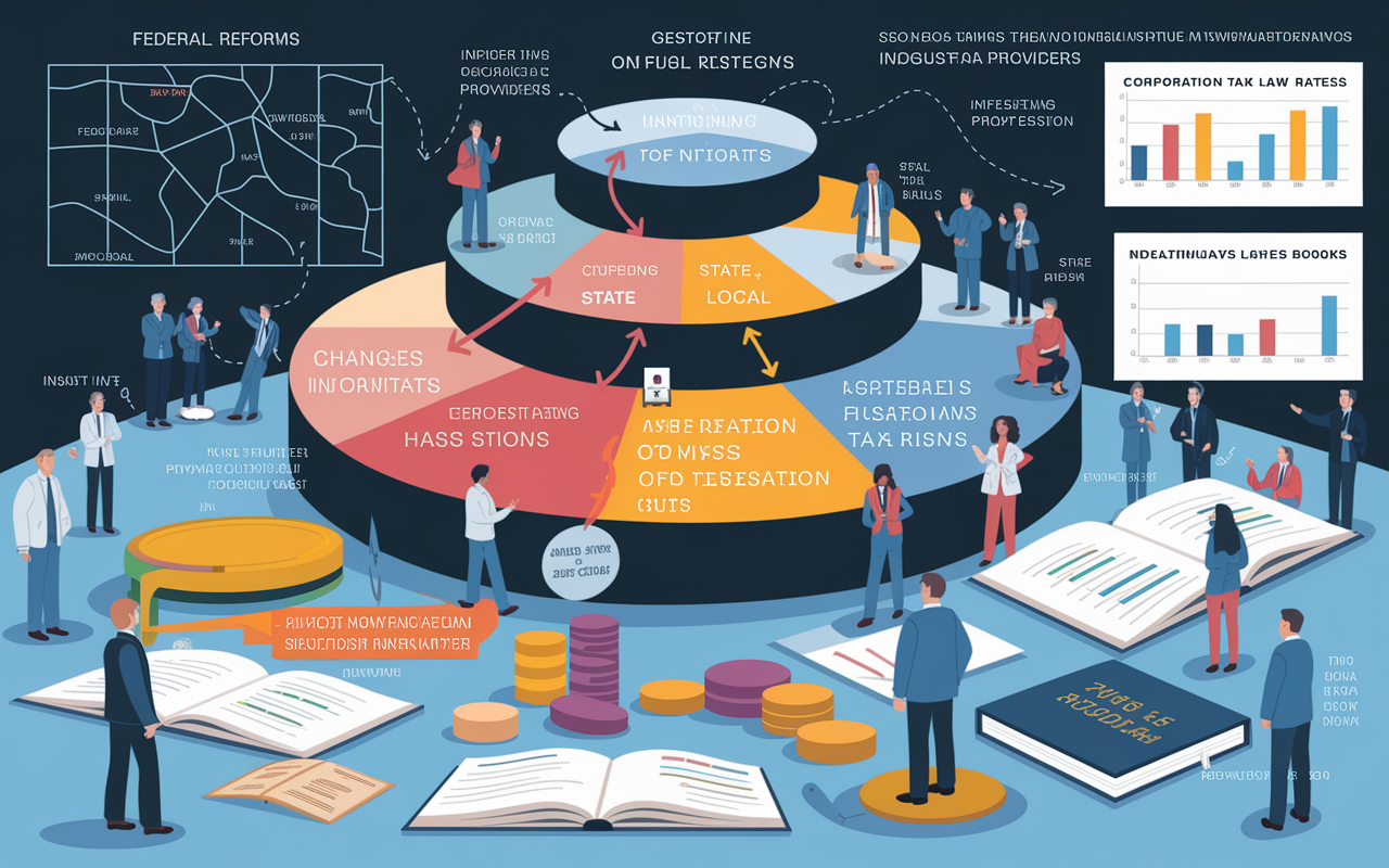 A detailed illustration of the cascading effects of tax reforms, showcasing three different levels: federal, state, and local. Visual elements like maps highlighting changes with arrows indicating flow of impact on healthcare providers. Charts offering insight into corporation tax rates versus individual pass-through taxation. The atmosphere is busy yet informative, with figures representing healthcare providers in discussion, gesturing towards fluctuating graphs and tax law books, all in a modern, professional environment.