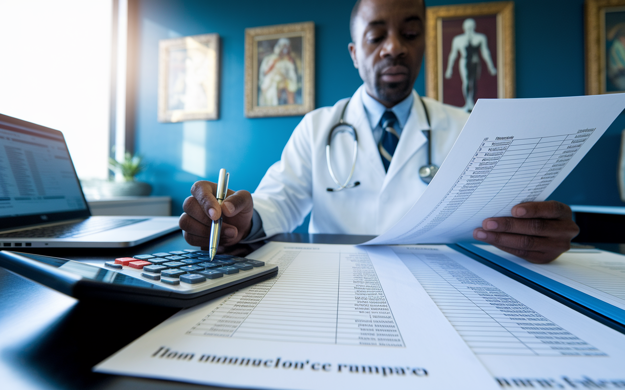 A physician examining financial documents and deduction lists in a well-lit office. The scene captures the individual in deep concentration, holding a pen over a sheet titled 'Itemized Deductions.' A calculator and a laptop displaying tax software are on the desk. The walls adorned with medical art give a professional yet warm atmosphere. Light streams in through the window, illuminating key documents on the desk, suggesting the importance of informed financial decision-making.