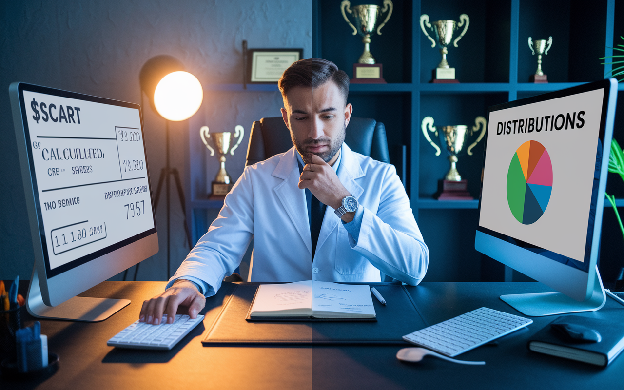 A physician weighing the options of salary versus distributions at a stylish modern office desk, featuring a split scene view. One side displays a paycheck being calculated, while the other shows a pie chart depicting distributions. The physician appears thoughtful, using a computer and a notepad filled with notes on tax strategies. Ambient lighting creating a contemplative mood enhances the scene, with trophies and acknowledgments showcasing professional excellence in the background.