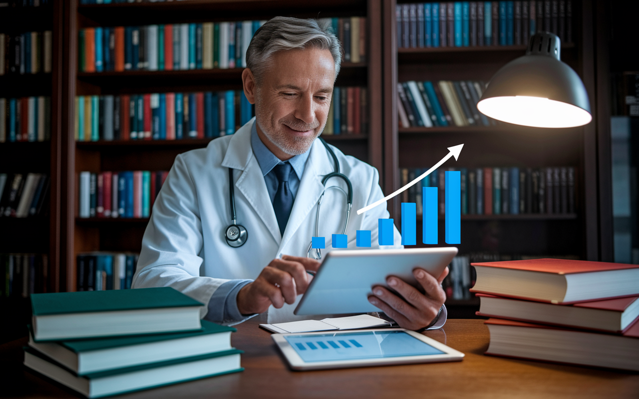 A confident physician reviewing retirement plan options in a cozy library-like setting, surrounded by financial texts and retirement planning tools. The physician is looking at three-dimensional charts on a tablet, showing growth projections for 401(k)s and defined benefit plans. The soft glow of a reading lamp complements the warm ambience, indicating a thoughtful consideration of future financial security.