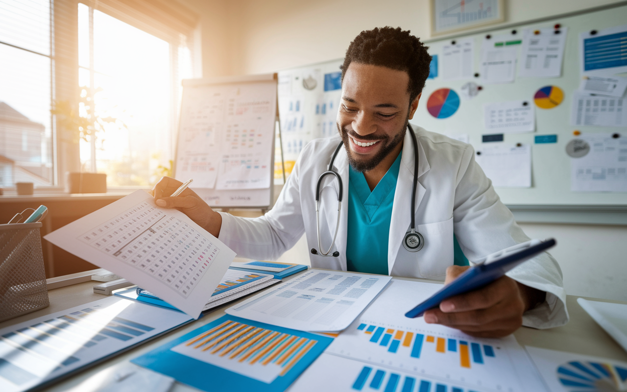 A physician enthusiastically reviewing a checklist of potential deductions in a bright office filled with medical and financial materials. The individual is surrounded by colorful charts visualizing deduction potentials, with a whiteboard filled with notes and figures in the background. Sunlight filters through the window, enhancing the sense of productivity and diligence. The atmosphere feels hopeful as the physician smiles while exploring new financial insights.