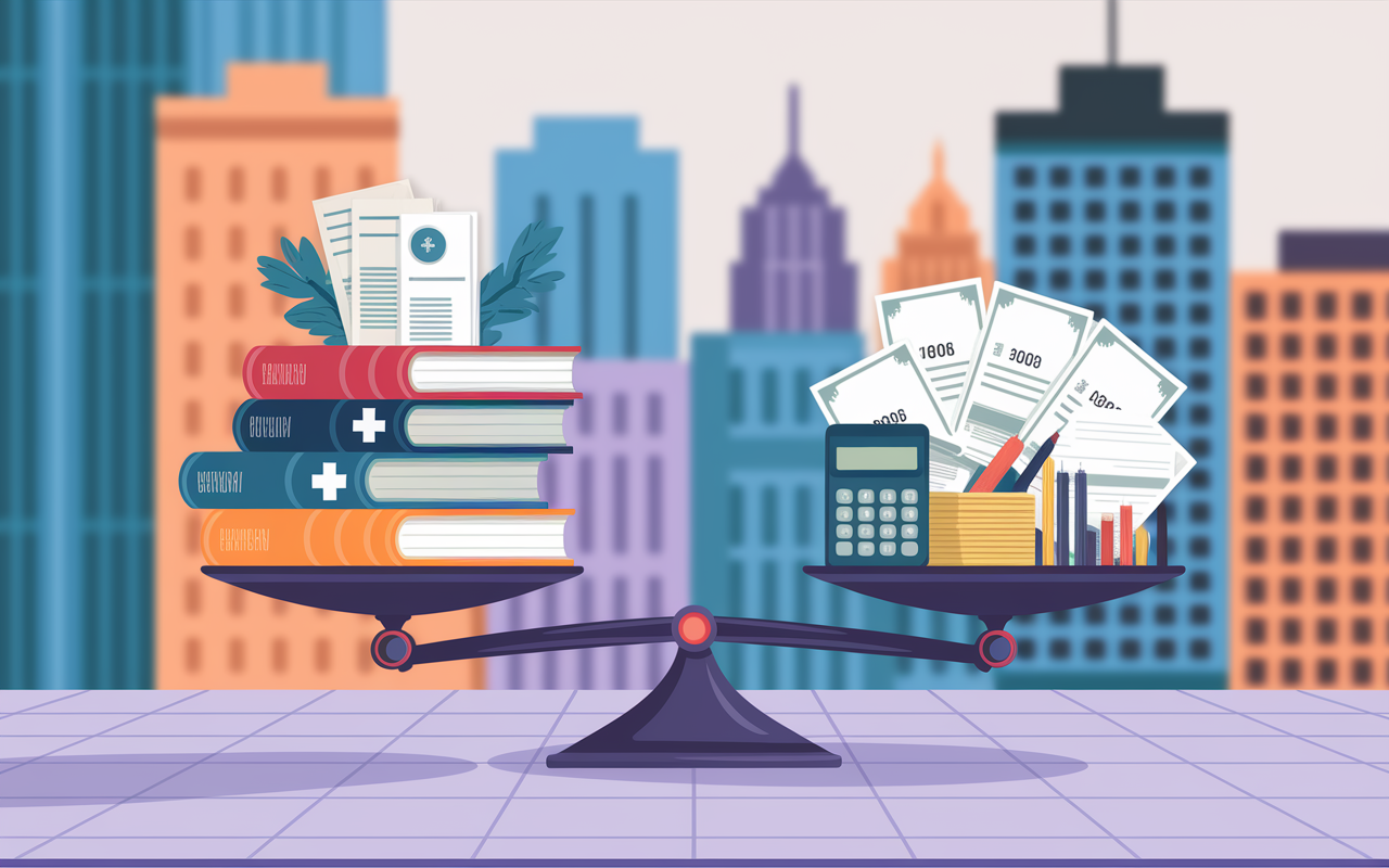 A conceptual depiction of a balanced tax landscape for physicians, visually represented as a scale. On one side, a stack of medical books and bills representing high income, student loans, and investment income; and on the other side, symbols of tax deductions like receipts, a calculator, and business tools. The background features a blurred image of a city hospital, illustrating their professional environment. The mood is serious but hopeful, with a soft color palette.