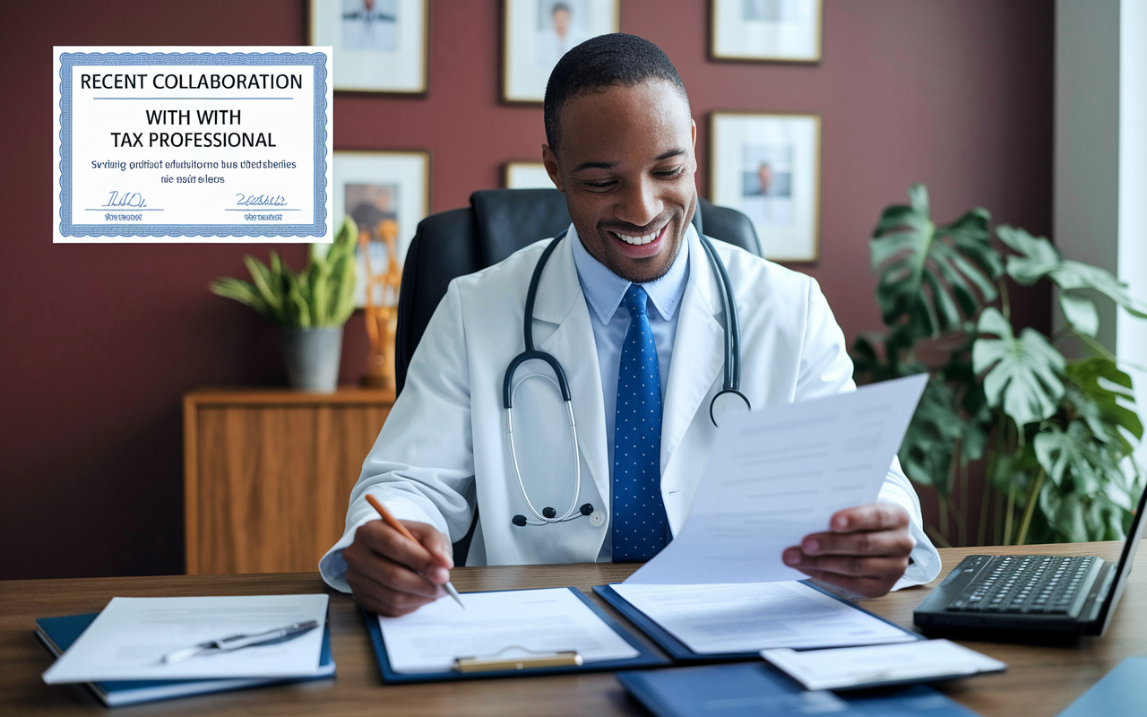 A confident physician in professional attire, reviewing financial documents with a satisfied expression, surrounded by tax-related materials. A certificate on the wall indicates recent collaboration with a tax professional, symbolizing successful navigation of tax strategies. The office is decorated with warm colors, portraying a sense of accomplishment and readiness for financial growth.