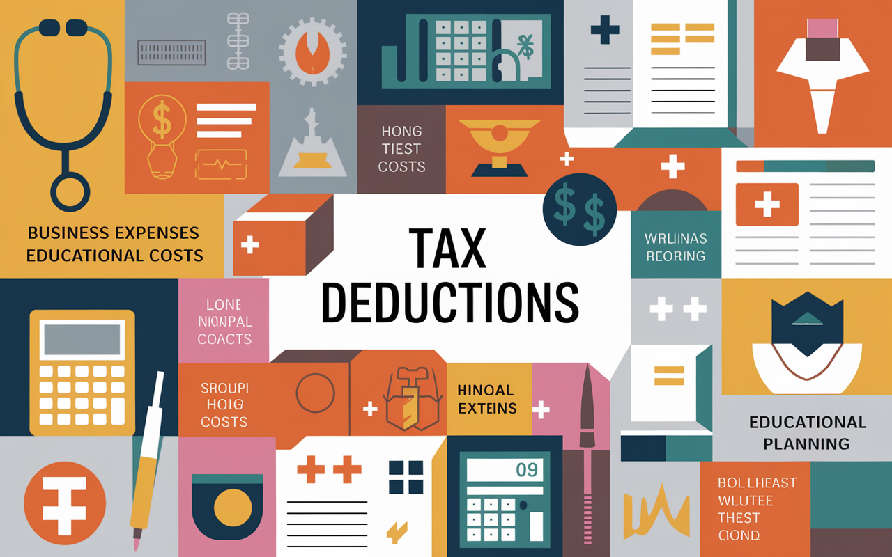 A visually engaging graphic showing various tax deductions available to physicians, such as business expenses and educational costs. The image features visual icons like a stethoscope, calculators, and educational materials arranged artistically around a central theme of financial growth. Warm, inviting colors to evoke a sense of optimism and clarity regarding financial planning.