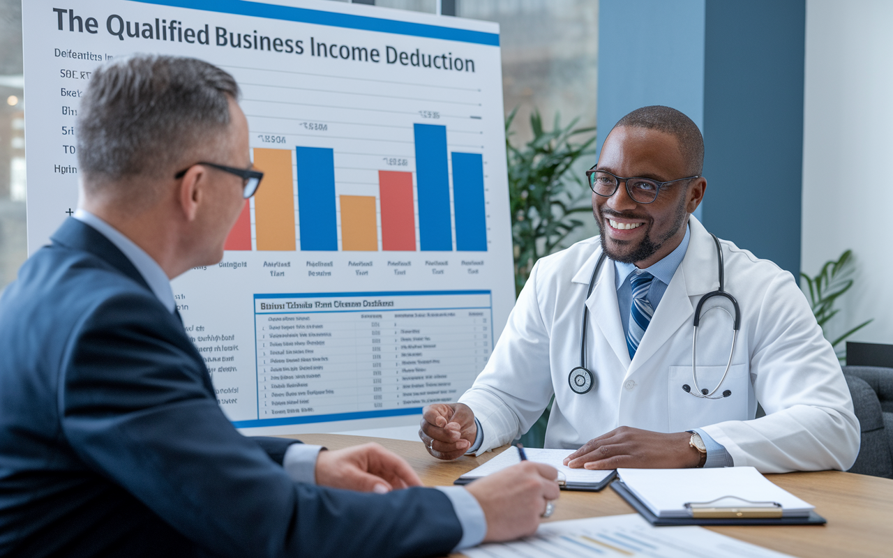 A dynamic and educational scene in a physician's office, where a doctor is meeting with a tax professional. A large chart showing the Qualified Business Income deduction is prominently displayed in the background along with financial documents. The doctor is depicted engaging, asking questions with visible curiosity, highlighting the collaborative effort in understanding tax benefits.