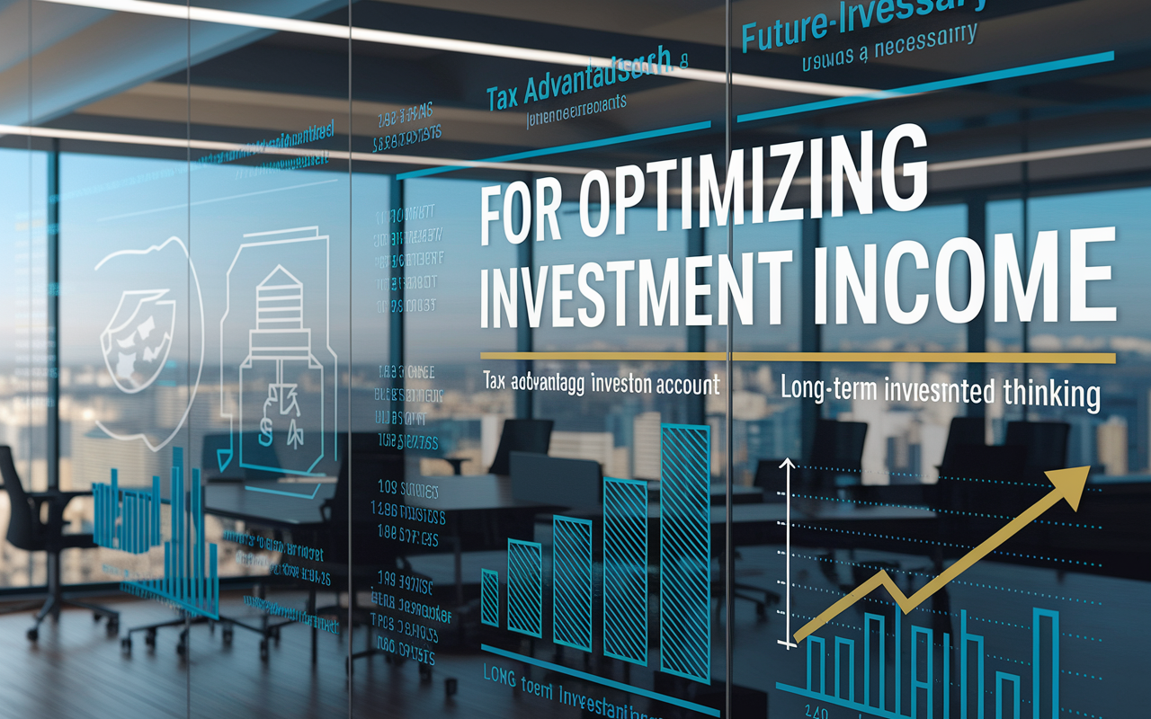 A modern financial planning office featuring a display of strategies for optimizing investment income. Infographics highlighting tax-advantaged accounts and long-term investment visuals adorn the walls. The scene conveys a sense of professionalism and future-oriented thinking, with bright lighting to create a motivating atmosphere.