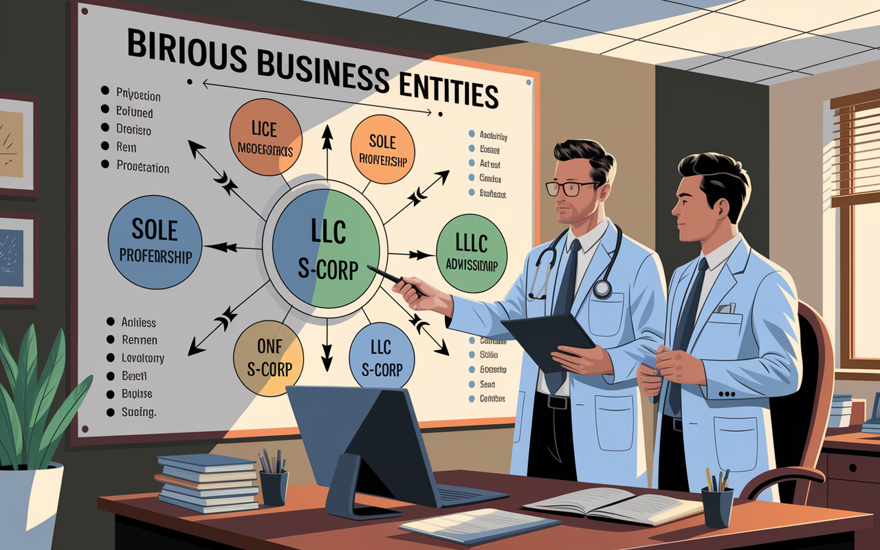 An intricate diagram illustrating various business entities such as Sole Proprietorship, LLC, S-Corp, and C-Corp displayed on a professional presentation board in an office. A physician and a tax advisor analyze the chart together, emphasizing collaboration and informed decision-making regarding business structure. The setting exudes professionalism with warm lighting, fostering a productive environment.