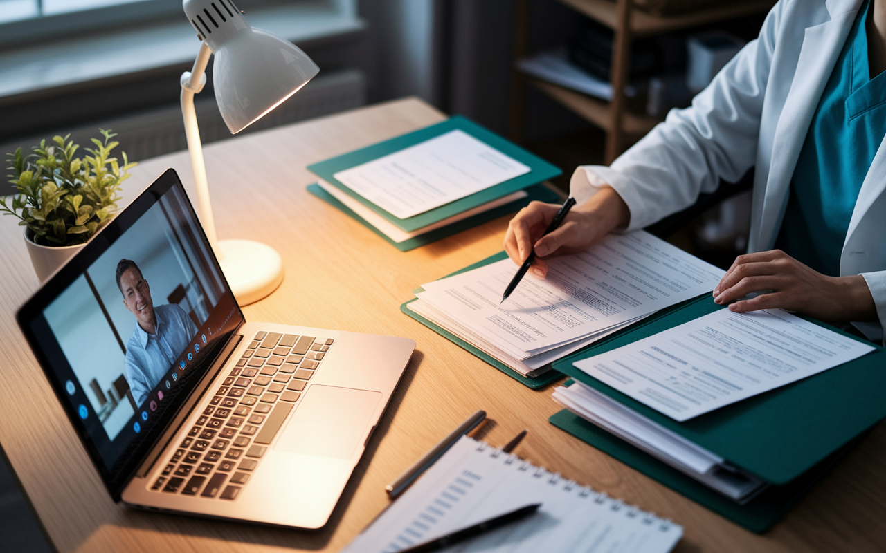 A cozy home office setup where a physician meticulously organizes financial records and receipts into labeled folders. On the desk, a laptop shows a video call with a tax advisor discussing strategies. The warm light from a desk lamp highlights the dedication towards maintaining accuracy and working collaboratively with professionals for financial growth.