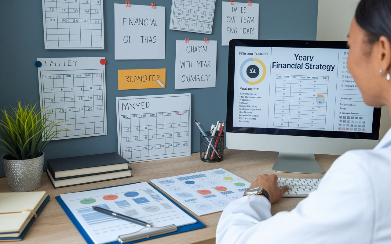 An organized desk space featuring a physician planning out the tax year ahead with detailed charts and calendars. A wall behind displays reminders for key financial dates, and a computer screen shows an overview of their yearly financial strategy. The scene communicates a sense of foresight, efficiency, and optimism for future tax benefits.