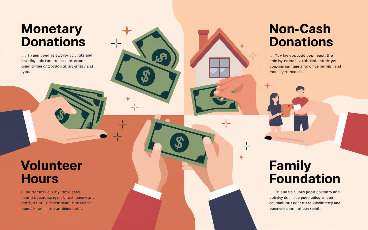 An educational infographic illustrating various forms of charitable contributions: monetary donations, non-cash donations, volunteer hours, and family foundation contributions. Each section is visually distinct, with engaging icons representing money, property, a helping hand, and a family foundation. The background is a soft gradient with warm colors to invoke positivity and community spirit. Text areas are clean and easy to read, emphasizing the key points of each contribution type.