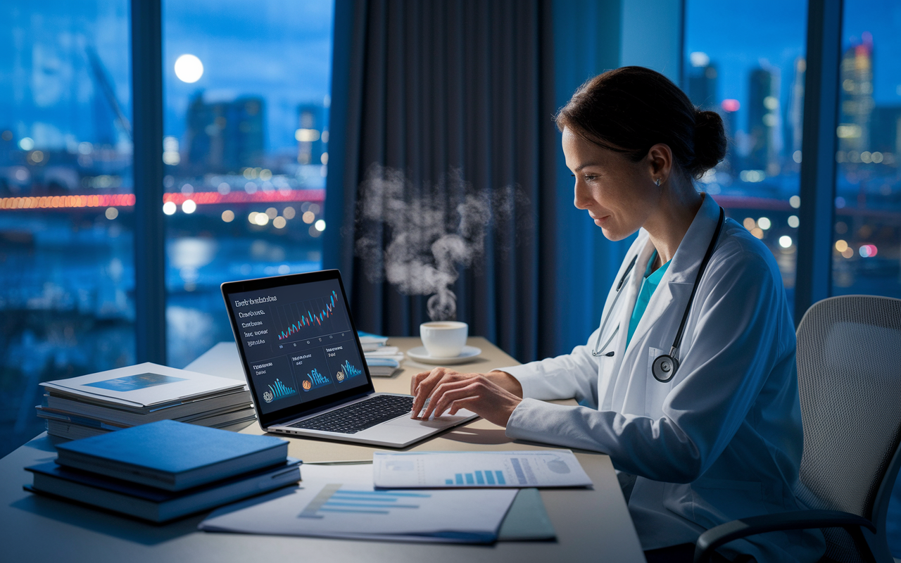 A thoughtful physician sitting at a modern desk, looking at a financial dashboard on a laptop that displays graphs of charitable contributions and donor-advised funds. Papers and medical textbooks are scattered around, with a cup of coffee steaming beside her. The room is illuminated by soft, ambient lighting, creating a cozy yet professional atmosphere. A large window shows a view of a thriving city, hinting at the physician's broader community impact.